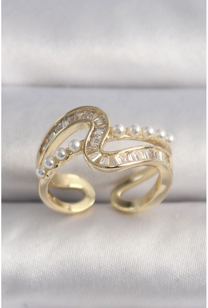 Shoecide Pirinç Gold Renk Zirkon Taşlı İnci Detay Vıp Seri Kadın Yüzük
