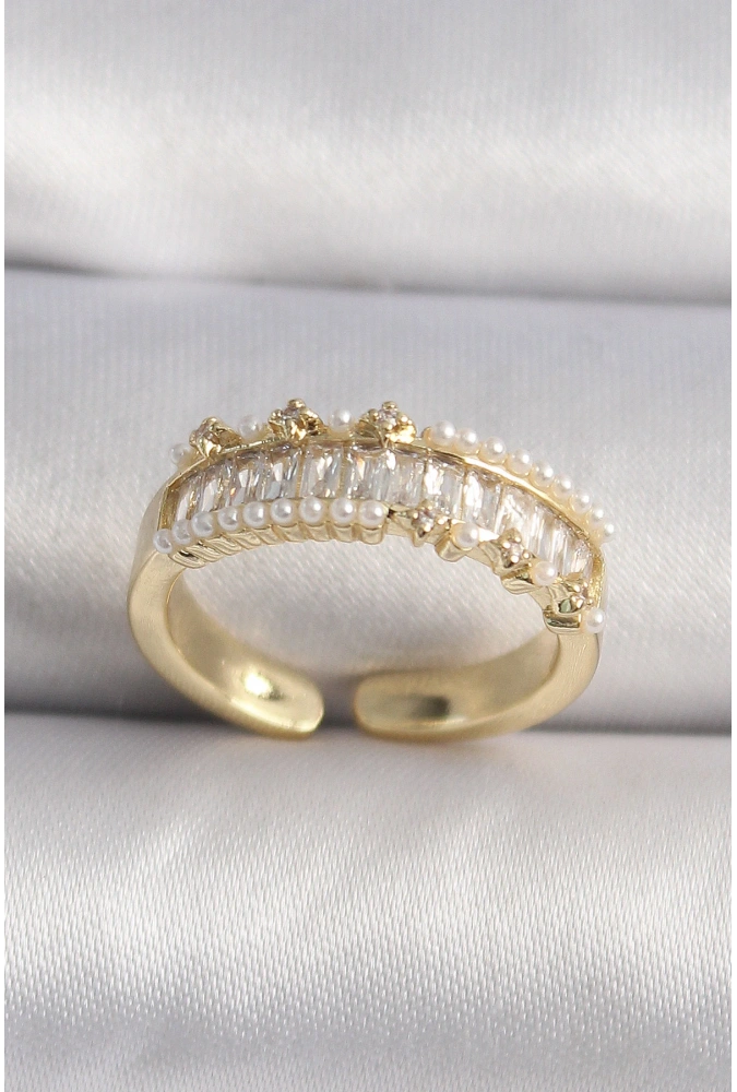Shoecide Pirinç Gold Renk Zirkon Taşlı İnci Detay Vıp Seri Kadın Yüzük
