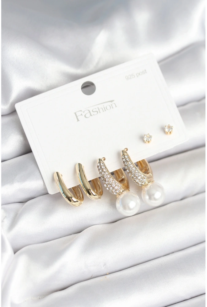 Shoecide Pirinç Gold Renk Zirkon Taşlı İnci Detaylı 925 Ayar Gümüş Çivili Kadın Küpe Seti