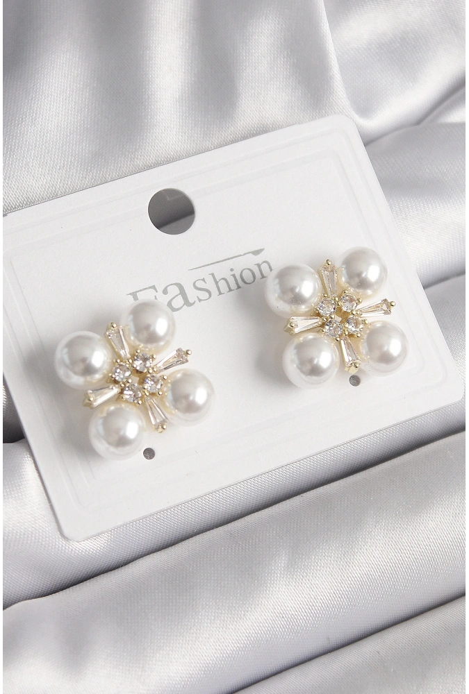 Shoecide Pirinç Gold Renk Zirkon Taşlı İncili Kadın Küpe