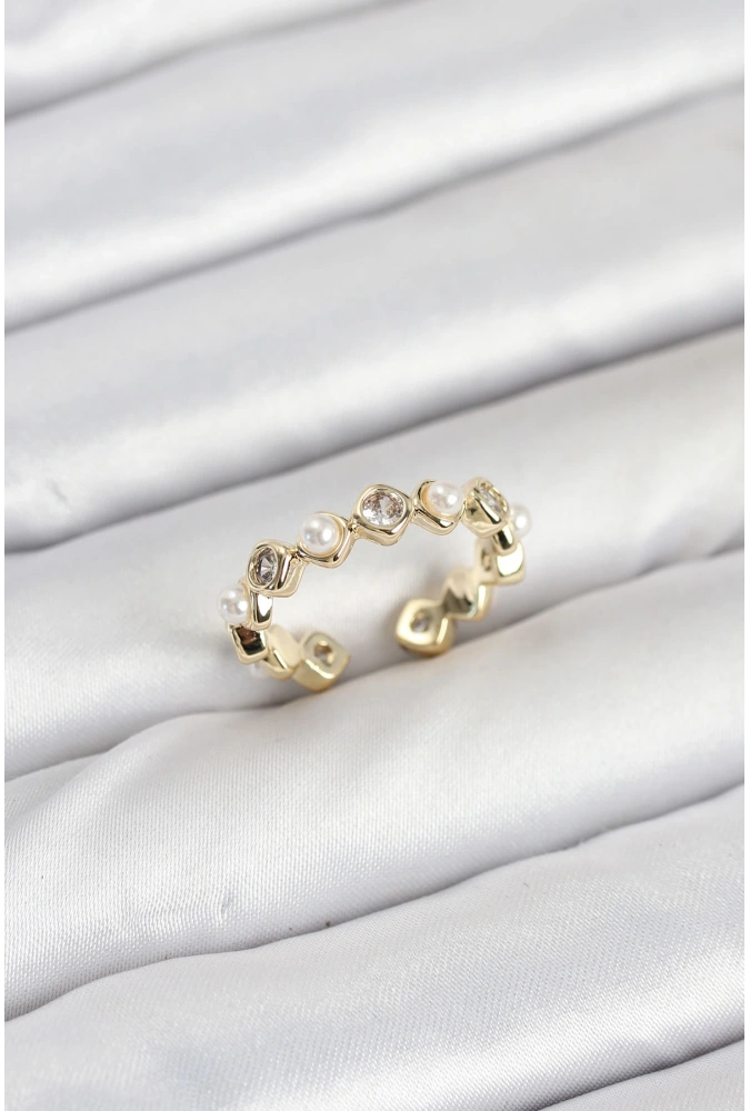 Shoecide Pirinç Gold Renk Zirkon Taşlı İncili Kadın Yüzük