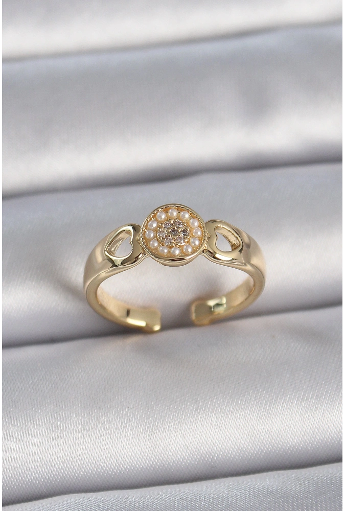 Shoecide Pirinç Gold Renk Zirkon Taşlı İncili Kalp İşleme Detay Ayarlanabilir Kadın Yüzük