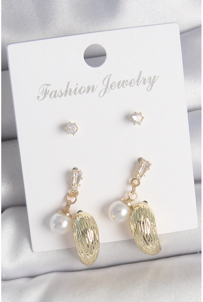 Shoecide Pirinç Gold Renk Zirkon Taşlı İncili Sallantılı İşlemeli Damla Model 3 Çift Kadın Küpe Seti