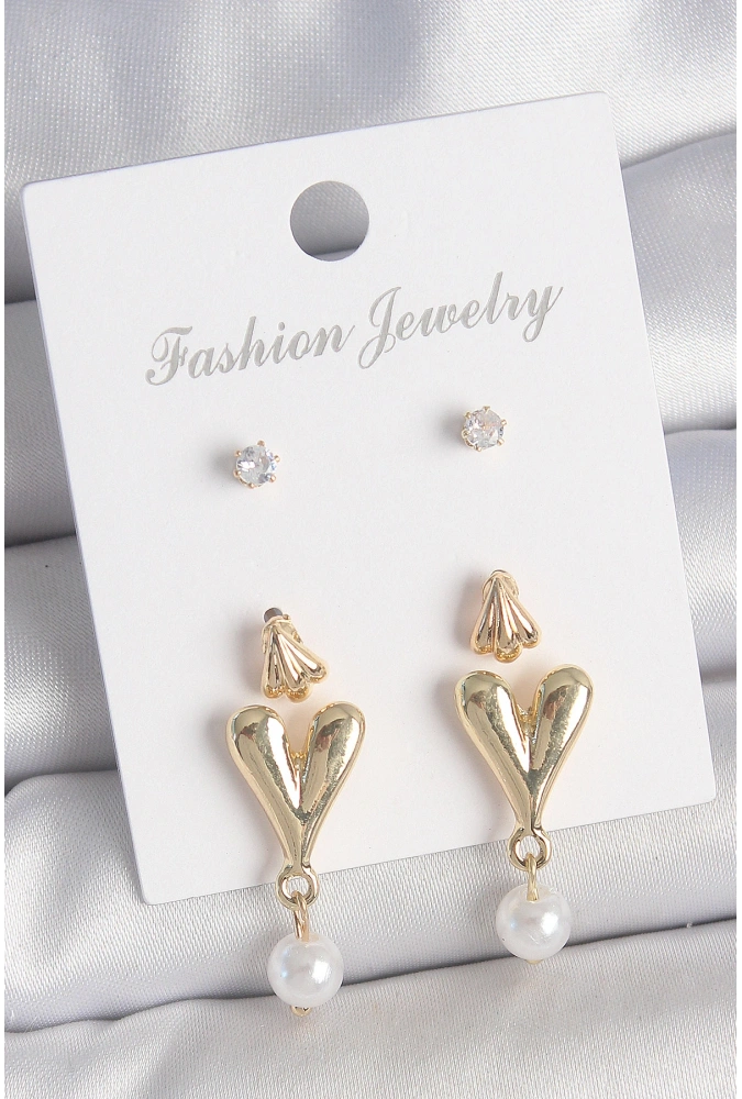 Shoecide Pirinç Gold Renk Zirkon Taşlı İncili Sallantılı Kalp Model 3 Çift Kadın Küpe Seti