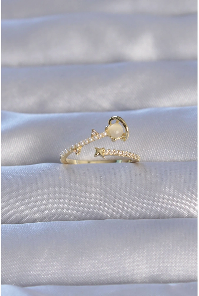 Shoecide Pirinç Gold Renk Zirkon Taşlı İncili Satürn Model Ayarlanabilir Yüzük