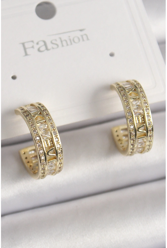 Shoecide Pirinç Gold Renk Zirkon Taşlı İşleme Detay Halka Model Kadın Küpe