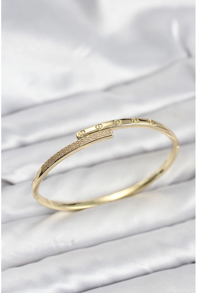 Shoecide Pirinç Gold Renk Zirkon Taşlı Kadın Kelepçe Bileklik