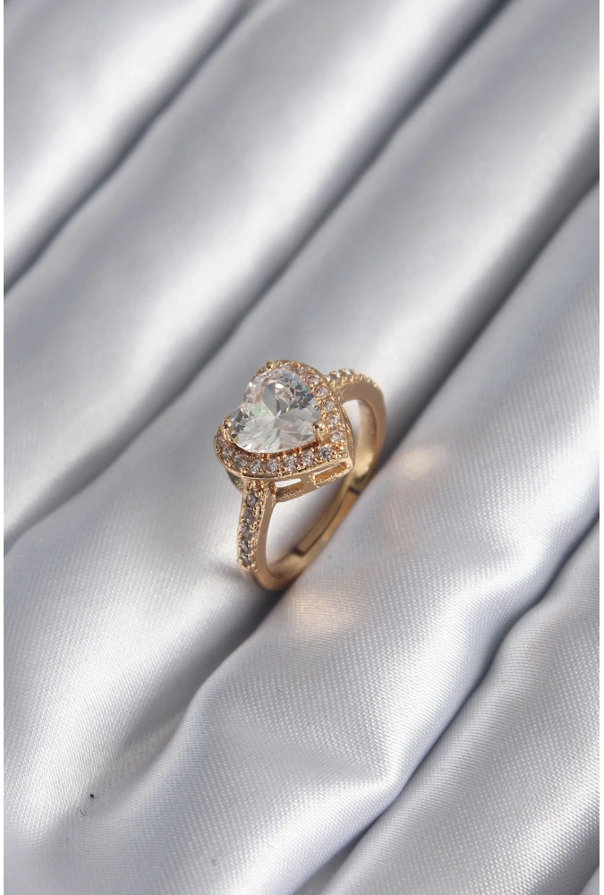 Shoecide Pirinç Gold Renk Zirkon Taşlı Kalp Charm Model Kadın Yüzük