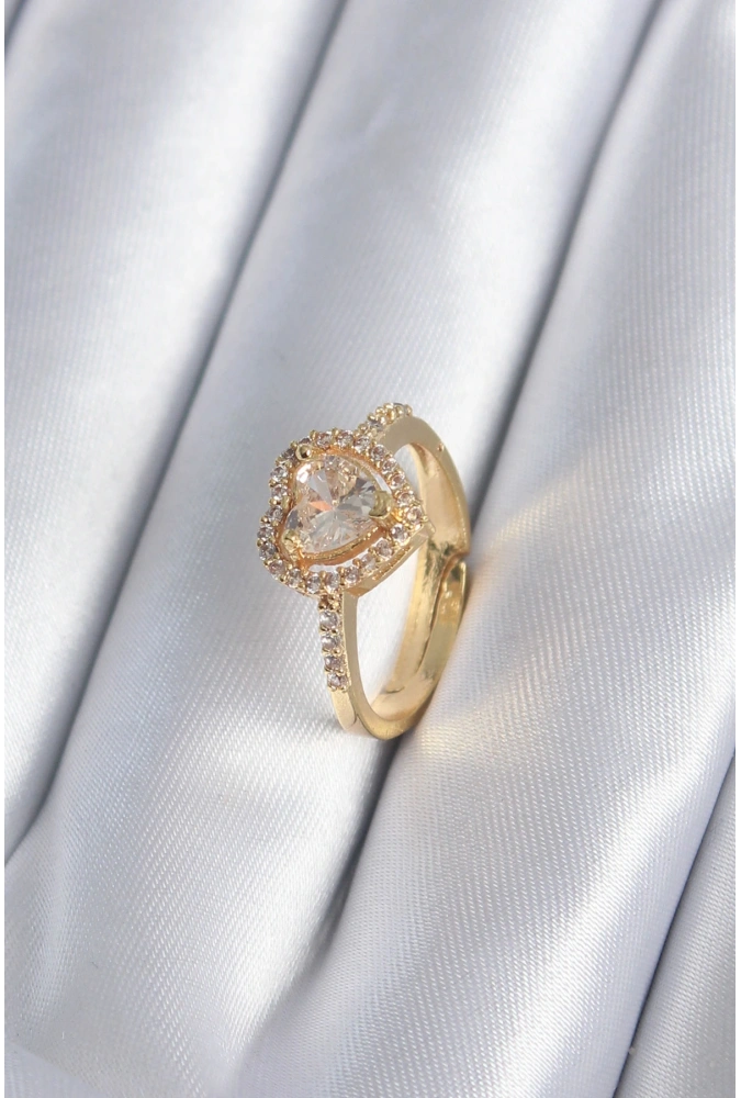 Shoecide Pirinç Gold Renk Zirkon Taşlı Kalp Charm Model Kadın Yüzük