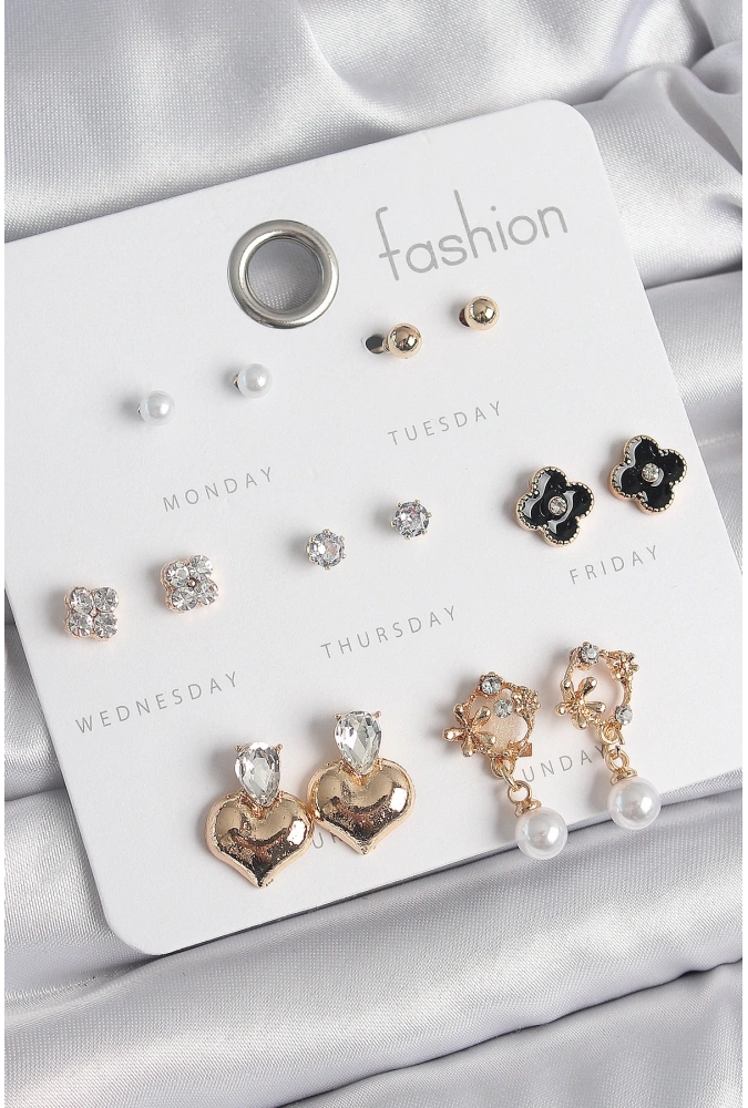 Shoecide Pirinç Gold Renk Zirkon Taşlı Kalp Figür Siyah Yonca Detay 7 Çift Kadın Küpe Seti