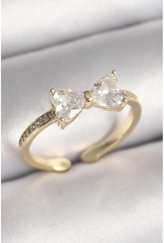 Shoecide Pirinç Gold Renk Zirkon Taşlı Kalp Fiyonk Model Kadın Yüzük