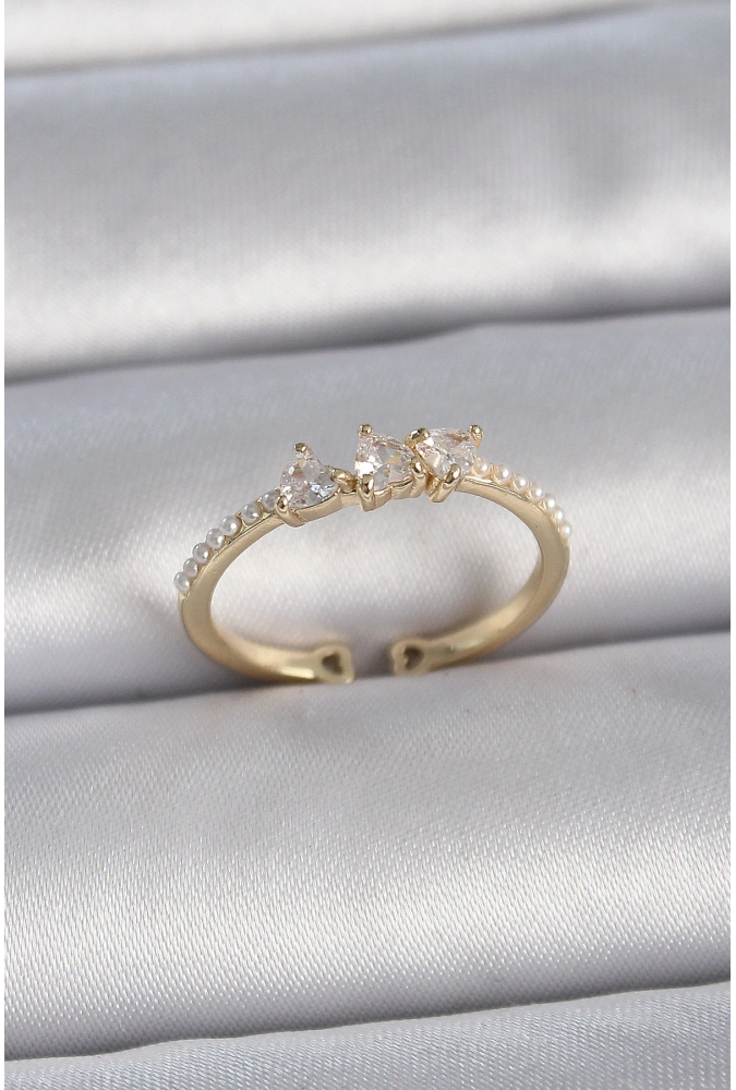 Shoecide Pirinç Gold Renk Zirkon Taşlı Kalp İnci Detaylı Ayarlanabilir Model Kadın Yüzük
