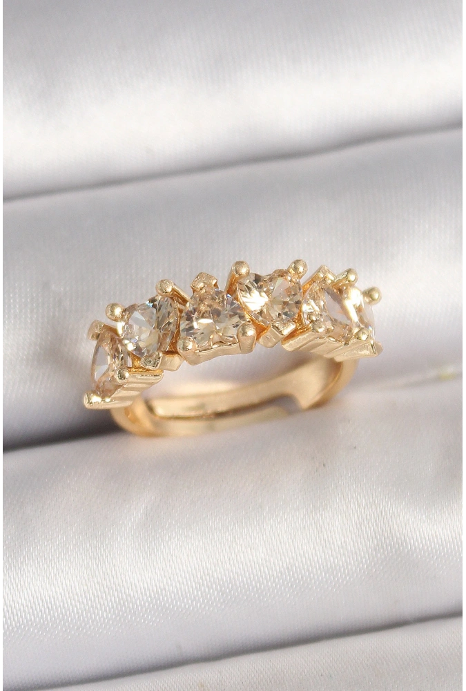 Shoecide Pirinç Gold Renk Zirkon Taşlı Kalp Model Ayarlanbilir Kadın Yüzük