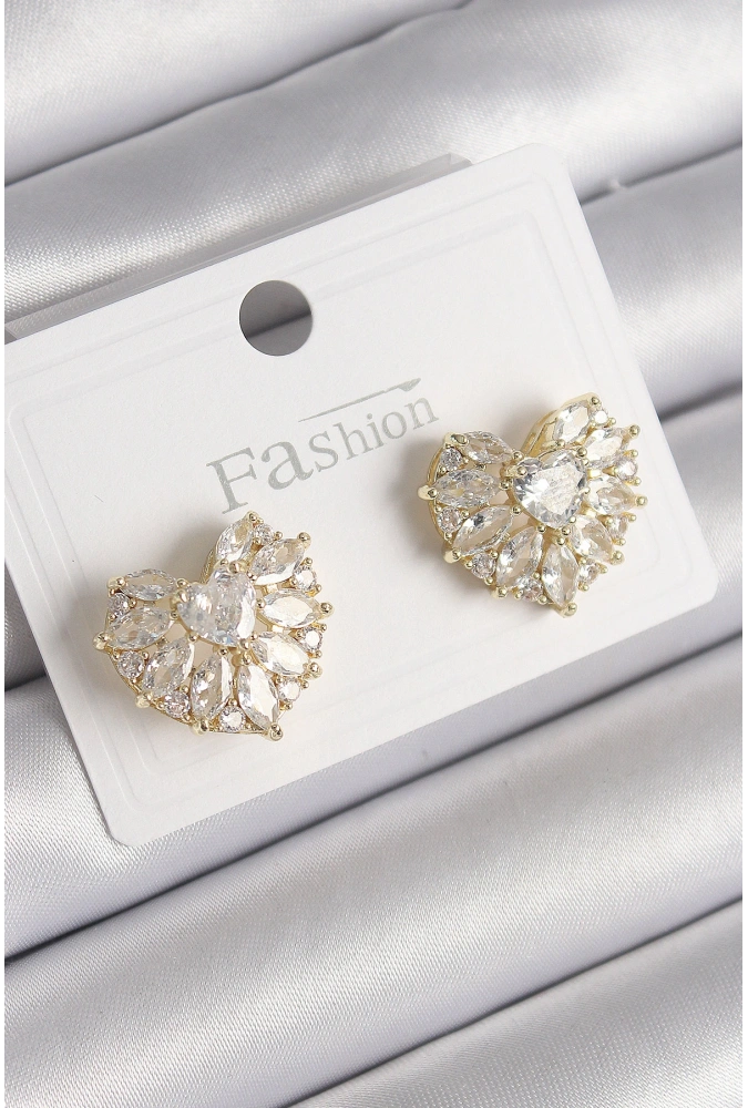 Shoecide Pirinç Gold Renk Zirkon Taşlı Kalp Model Kadın Küpe