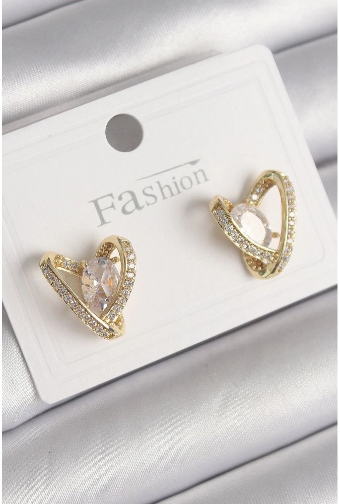Shoecide Pirinç Gold Renk Zirkon Taşlı Kalp Model Kadın Küpe