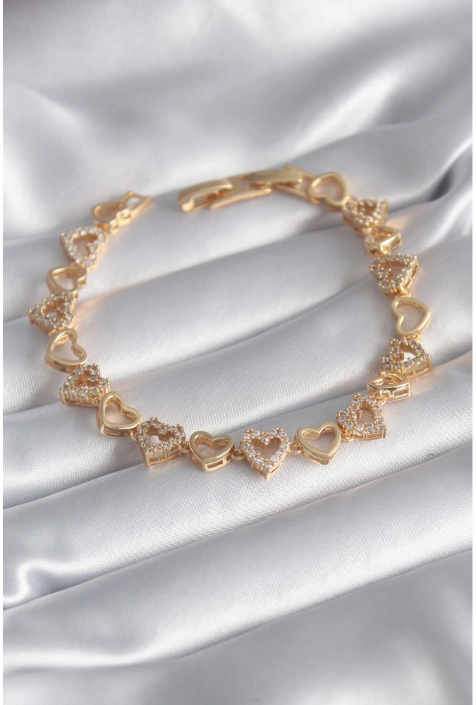 Shoecide Pirinç Gold Renk Zirkon Taşlı Kalp Model Vıp Seri Kadın Bileklik