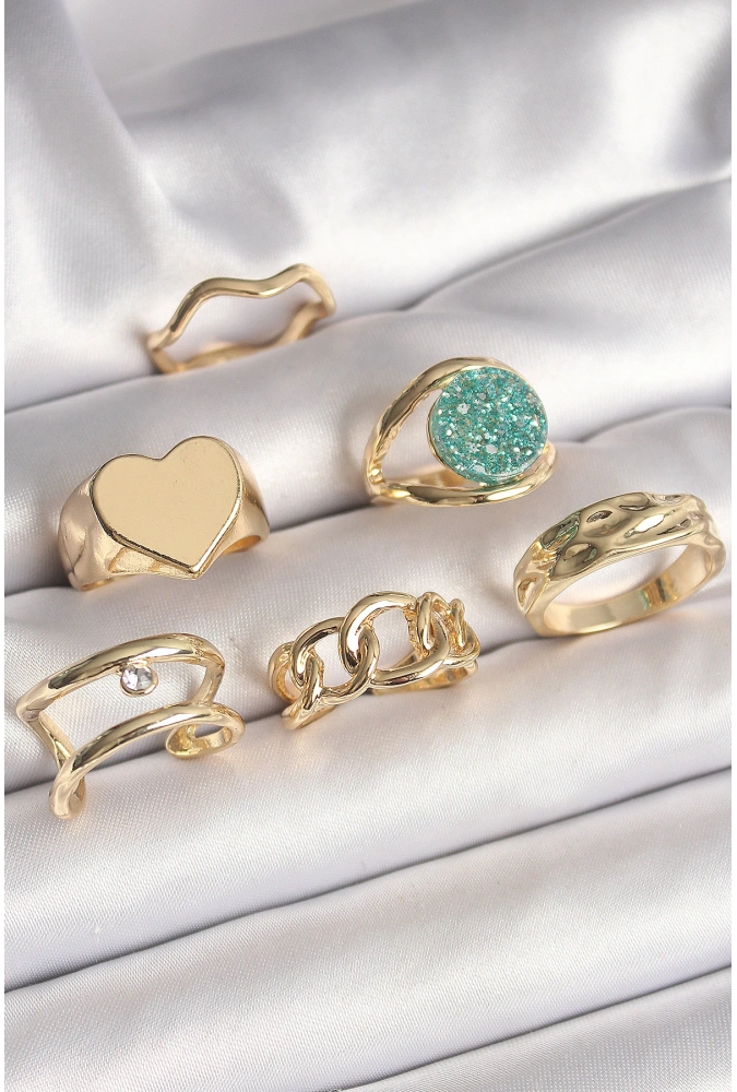 Shoecide Pirinç Gold Renk Zirkon Taşlı Kalp Plaka Figür Mavi Simli Detay 6lı Kadın Yüzük Seti