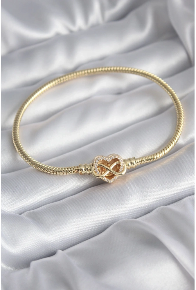 Shoecide Pirinç Gold Renk Zirkon Taşlı Kalp Sonsuzluk Model Charm Kadın Bileklik