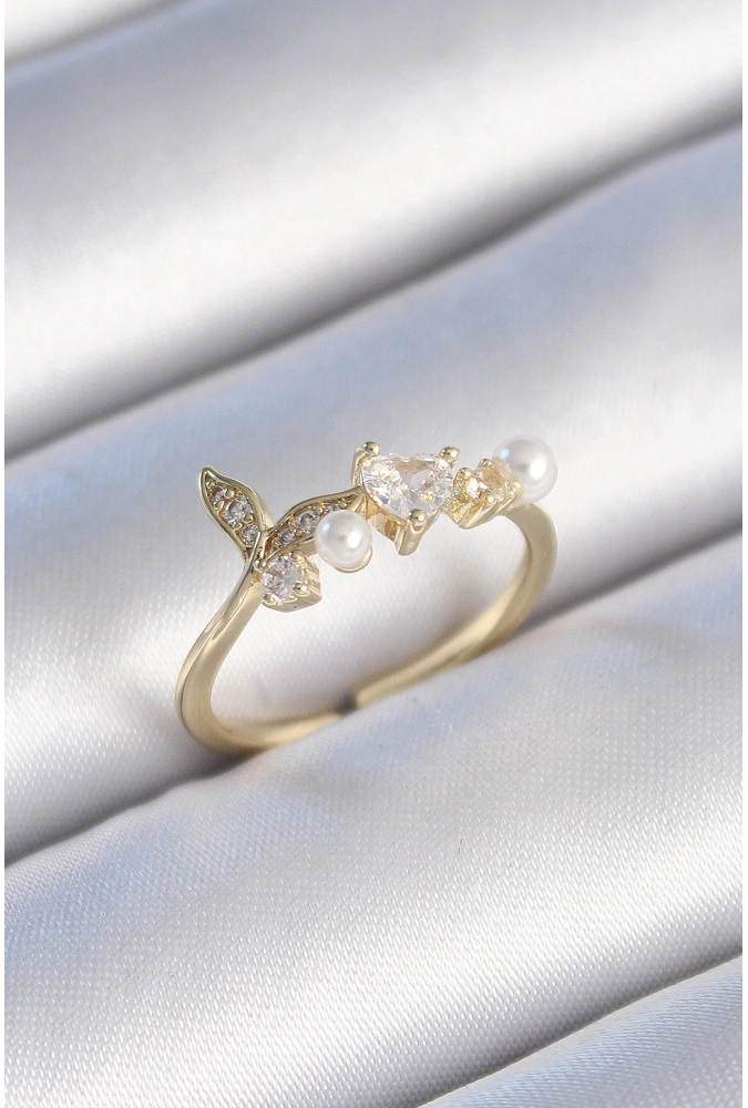 Shoecide Pirinç Gold Renk Zirkon Taşlı Kalp Yaprak Model İnci Detay Kadın Yüzük