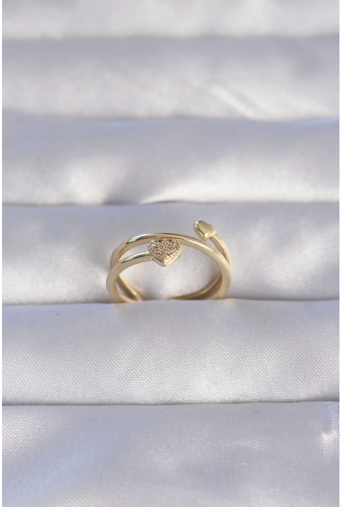 Shoecide Pirinç Gold Renk Zirkon Taşlı Kalpli Model Ayarlanabilir Yüzük