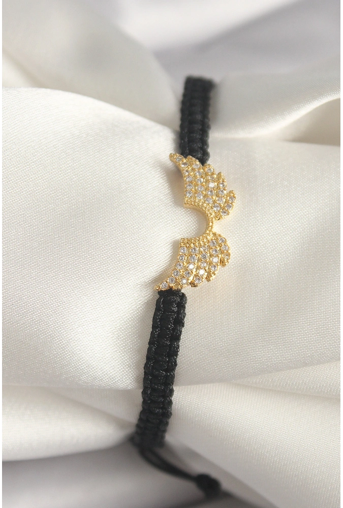 Shoecide Pirinç Gold Renk Zirkon Taşlı Kanat Figür Asansörlü Makrome Model Kadın Bileklik