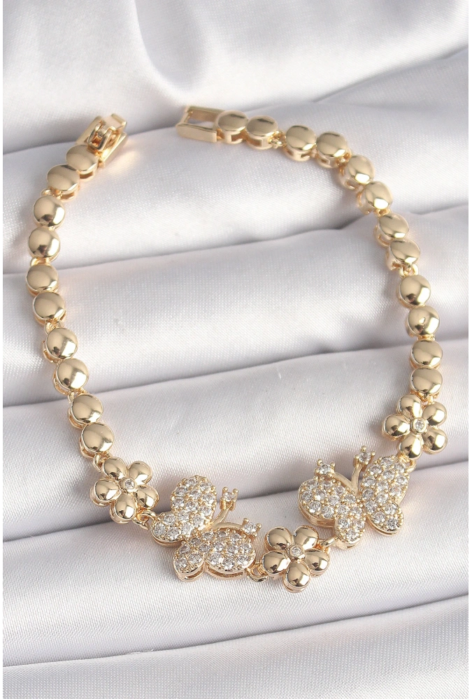 Shoecide Pirinç Gold Renk Zirkon Taşlı Kelebek Figür Çiçek Zincir Model Kadın Bileklik
