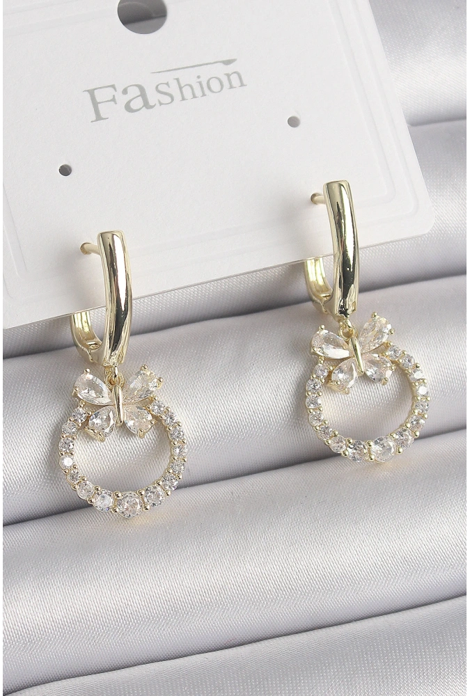 Shoecide Pirinç Gold Renk Zirkon Taşlı Kelebek Figür Sallantı Model Kadın Küpe