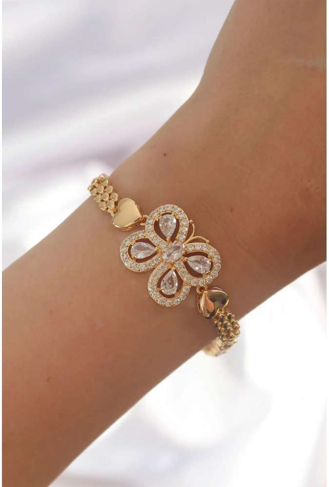 Shoecide Pirinç Gold Renk Zirkon Taşlı Kelebek Figürlü Parçalı Model Bileklik
