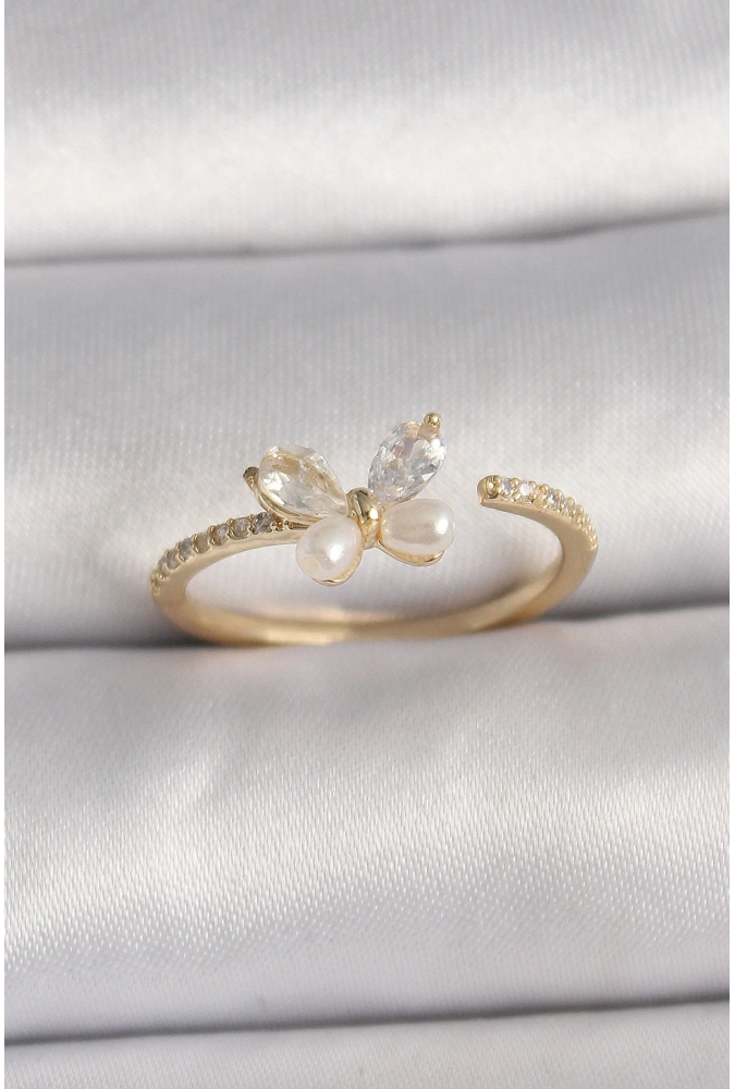 Shoecide Pirinç Gold Renk Zirkon Taşlı Kelebek Mode İnci Detay Ayarlanabilir Yüzük