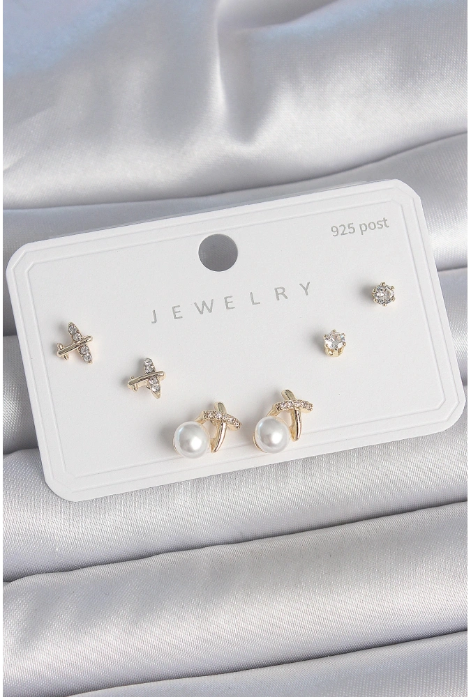 Shoecide Pirinç Gold Renk Zirkon Taşlı Kelebek Model İnci Detay 925 Ayar Gümüş Çivi Kadın Küpe Seti