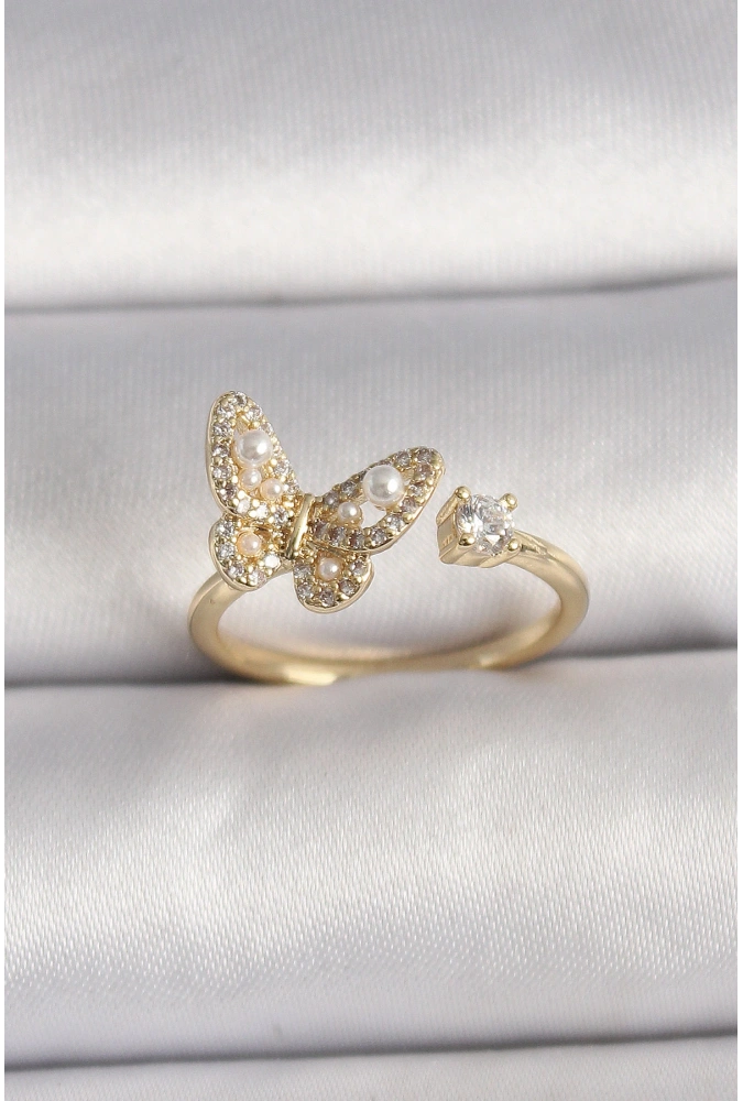 Shoecide Pirinç Gold Renk Zirkon Taşlı Kelebek Model İnci Detay Ayarlanabilir Yüzük