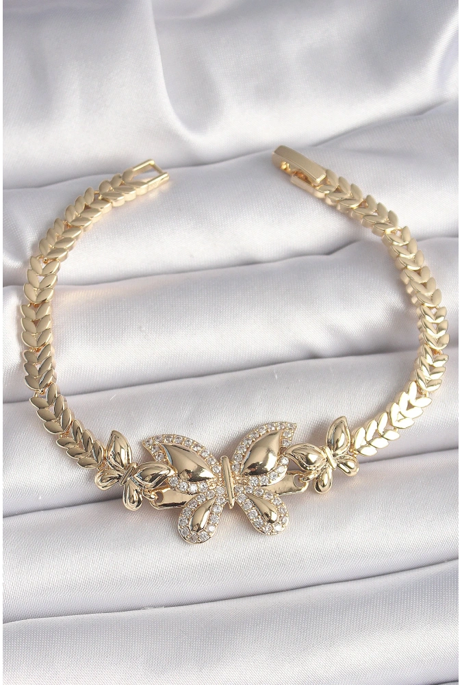Shoecide Pirinç Gold Renk Zirkon Taşlı Kelebek Model Kadın Bileklik