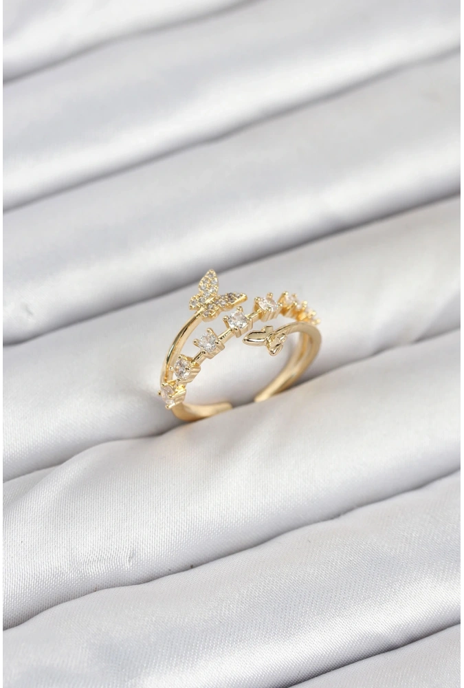 Shoecide Pirinç Gold Renk Zirkon Taşlı Kelebek Model Kadın Yüzük