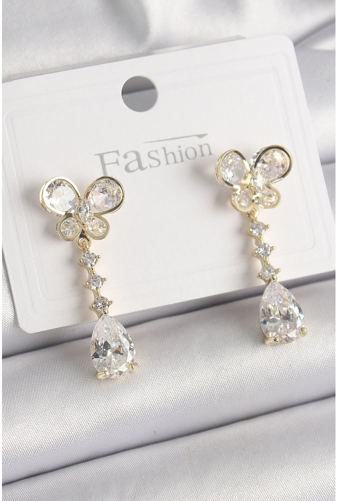 Shoecide Pirinç Gold Renk Zirkon Taşlı Kelebek Model Sallantı Damla Zirkon Taş Kadın Küpe