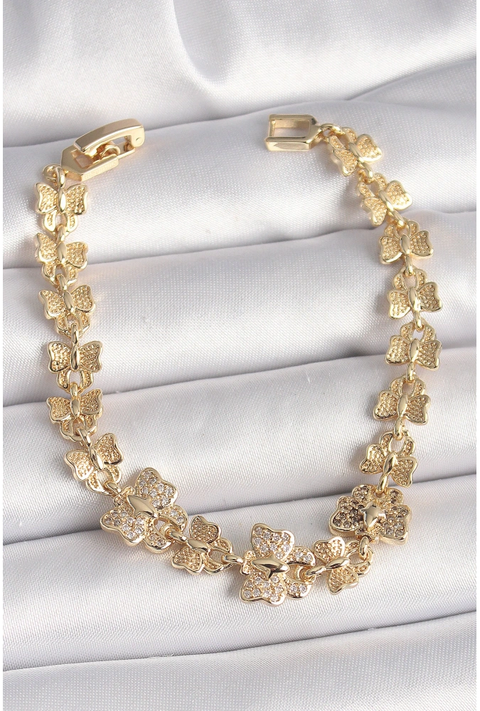 Shoecide Pirinç Gold Renk Zirkon Taşlı Kelebek Model Zincir Kadın Bileklik