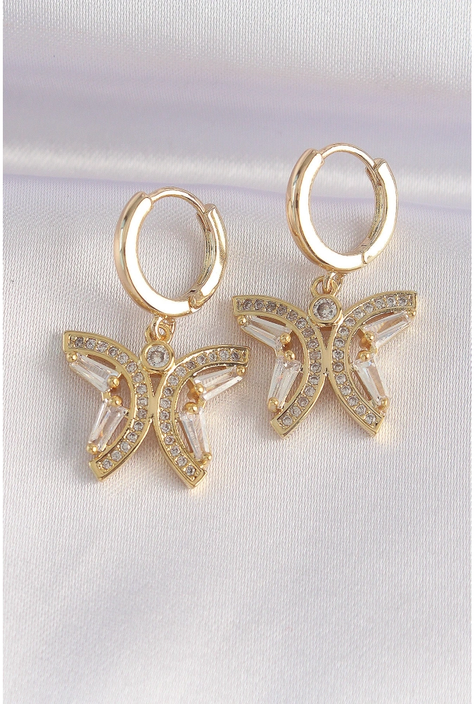 Shoecide Pirinç Gold Renk Zirkon Taşlı Kelebek Tasarım Küpe