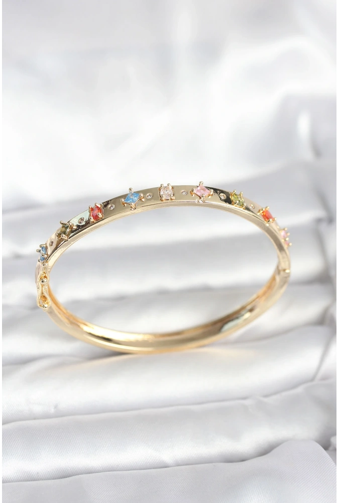 Shoecide Pirinç Gold Renk Zirkon Taşlı Kelepçe Bileklik