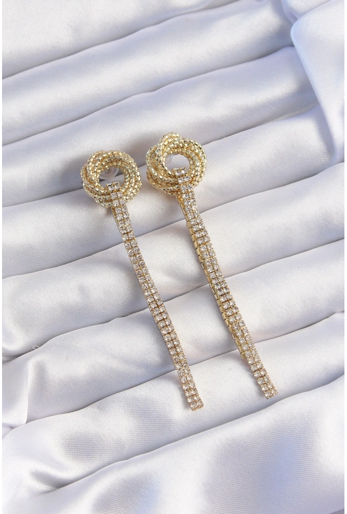 Shoecide Pirinç Gold Renk Zirkon Taşlı Kıvrım Detay Sallantılı Küpe