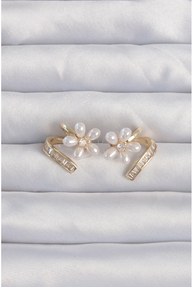 Shoecide Pirinç Gold Renk Zirkon Taşlı Kıvrımlı İnci Çiçek Küpe