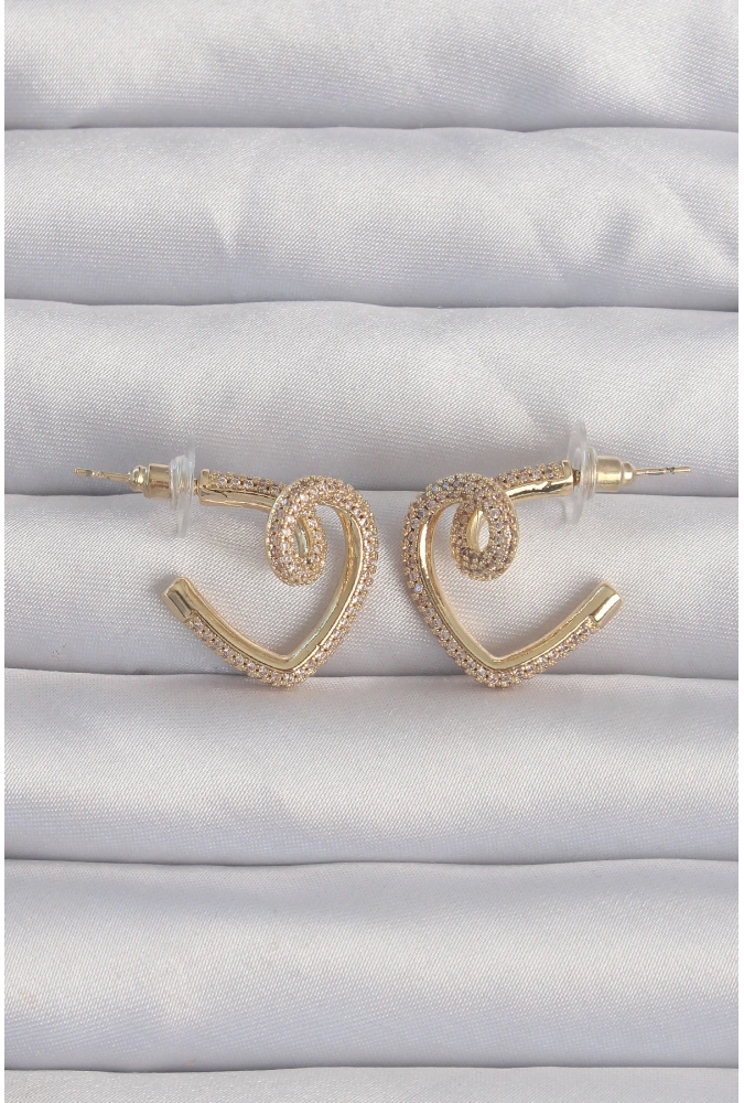 Shoecide Pirinç Gold Renk Zirkon Taşlı Kıvrımlı Yarım Kalp Küpe