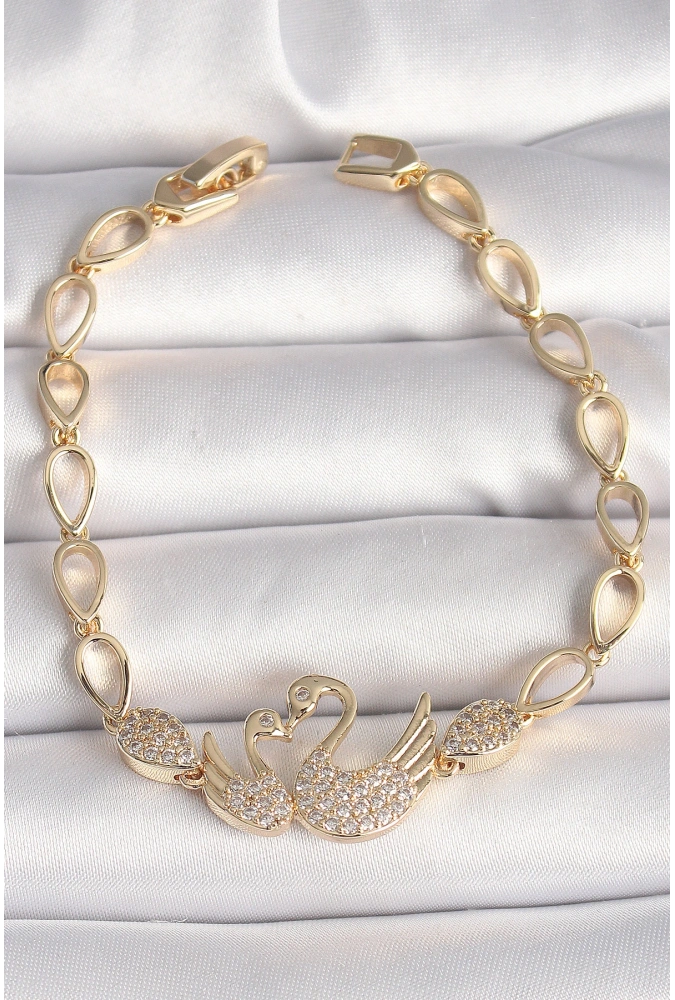 Shoecide Pirinç Gold Renk Zirkon Taşlı Kuğu Figür Damla Zincir Model Kadın Bileklik