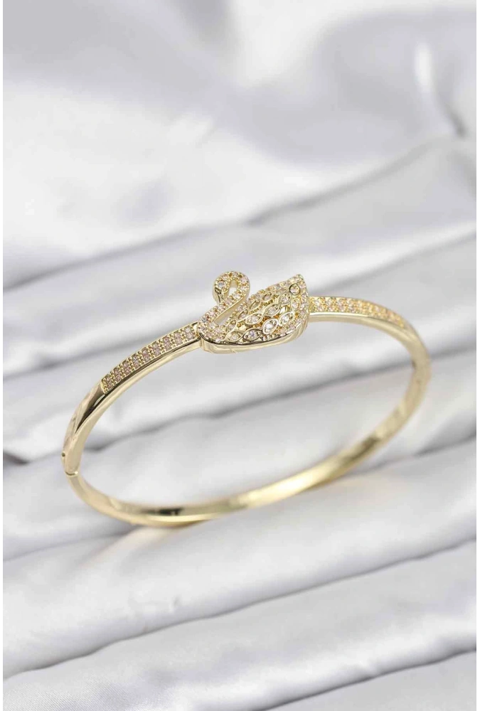 Shoecide Pirinç Gold Renk Zirkon Taşlı Kuğu Model Kadın Kelepçe Bileklik