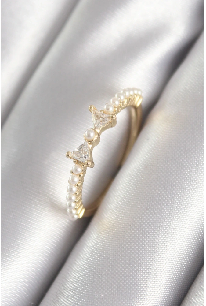 Shoecide Pirinç Gold Renk Zirkon Taşlı Kurdele İnci Detay Kadın Yüzük