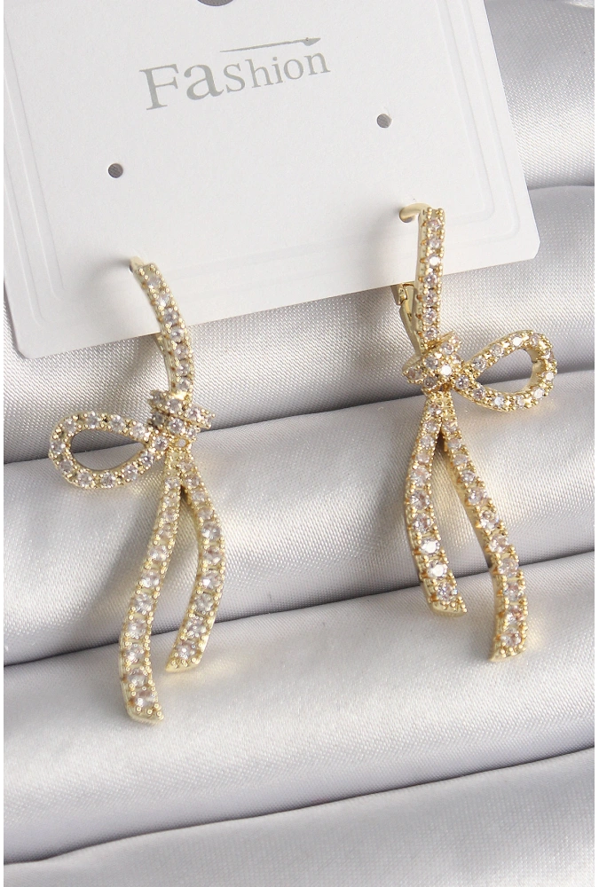 Shoecide Pirinç Gold Renk Zirkon Taşlı Kurdele Model Kadın Küpe