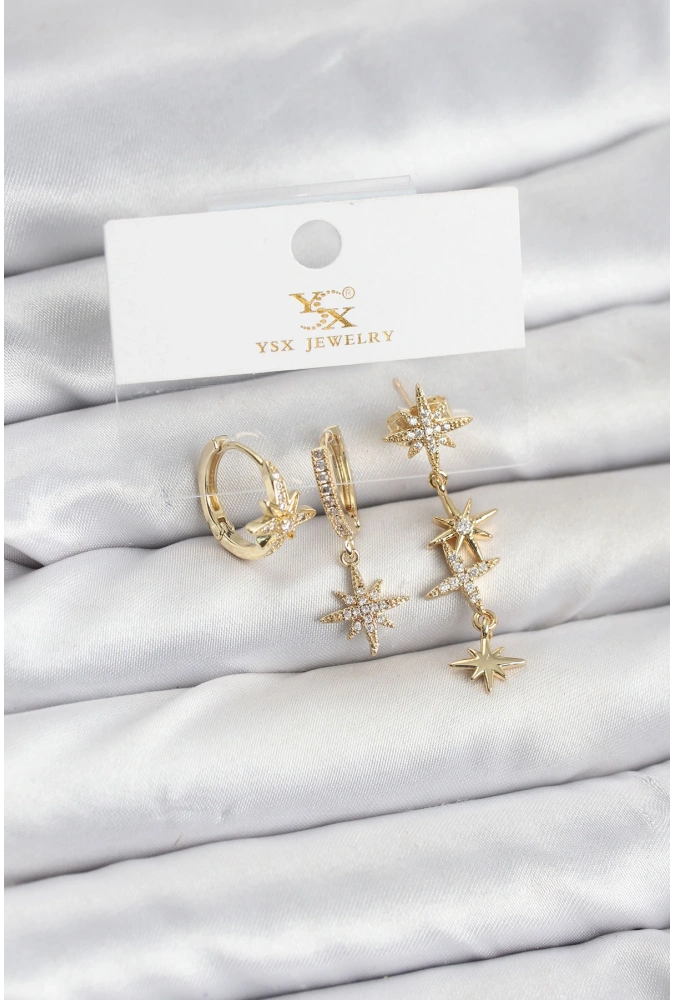Shoecide Pirinç Gold Renk Zirkon Taşlı Kutup Yıldızı Model Ysx Trio Küpe Seti