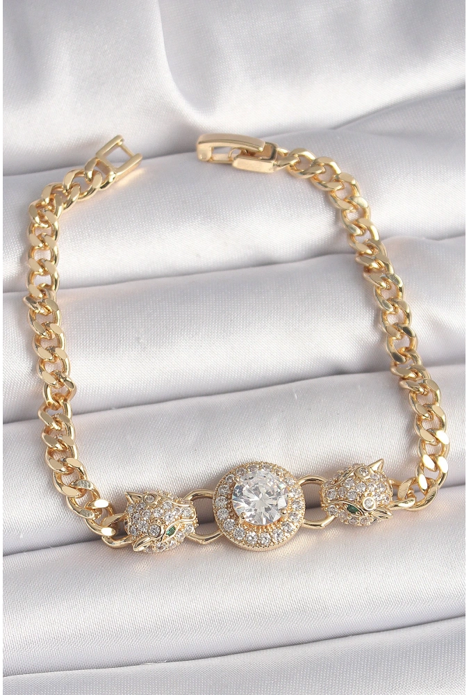 Shoecide Pirinç Gold Renk Zirkon Taşlı Leopar Figür Zincir Model Kadın Bileklik