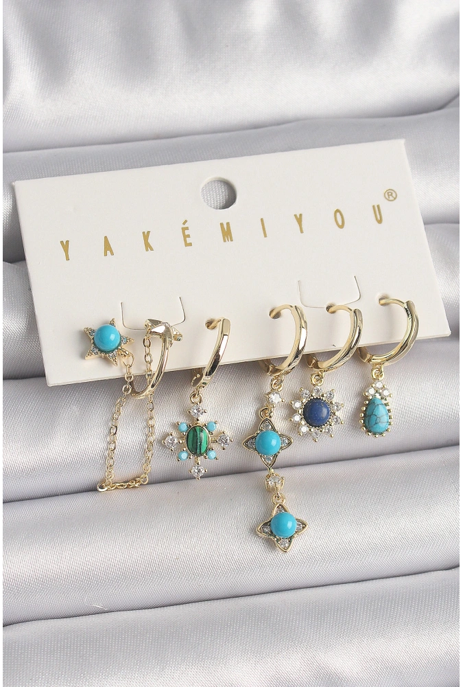 Shoecide Pirinç Gold Renk Zirkon Taşlı Mavi Boncuklu Çiçek Model Vıp Seri Kadın Küpe Kombini