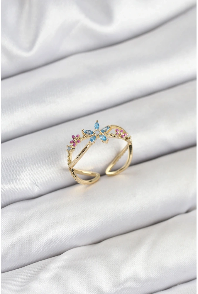 Shoecide Pirinç Gold Renk Zirkon Taşlı Mavi Çiçekli Kadın Yüzük