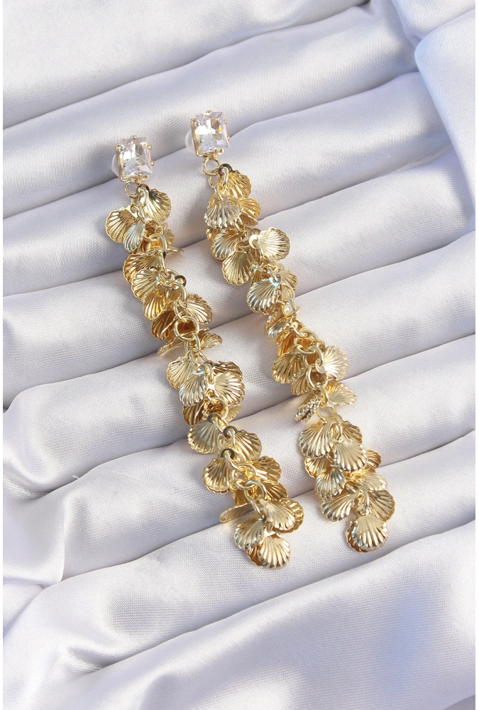 Shoecide Pirinç Gold Renk Zirkon Taşlı Minimal Deniz Kabuklu Sallantılı Küpe