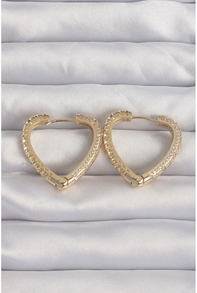 Shoecide Pirinç Gold Renk Zirkon Taşlı Motifli Kalp Küpe